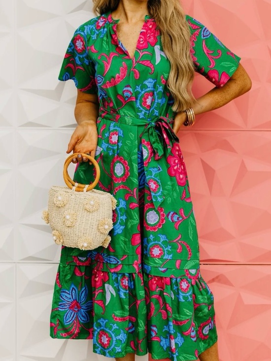 Sugarlips Dresses & Skirts - Green Floral Tie-Waist Midi Dress from MOD Boutique